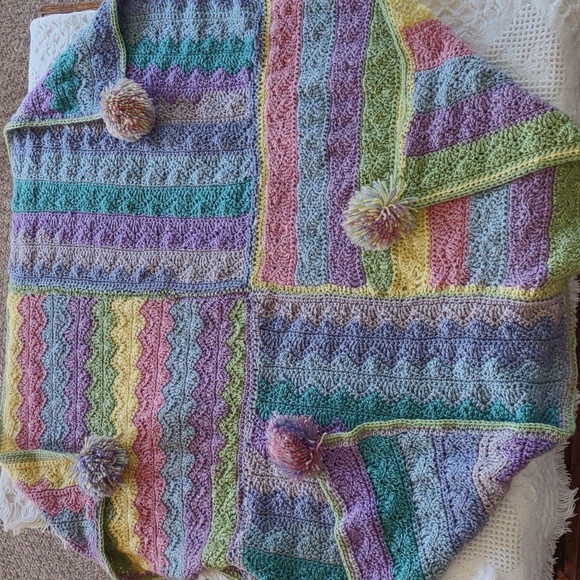 Handmade Colorful Crochet Baby Blanket with Pom Poms